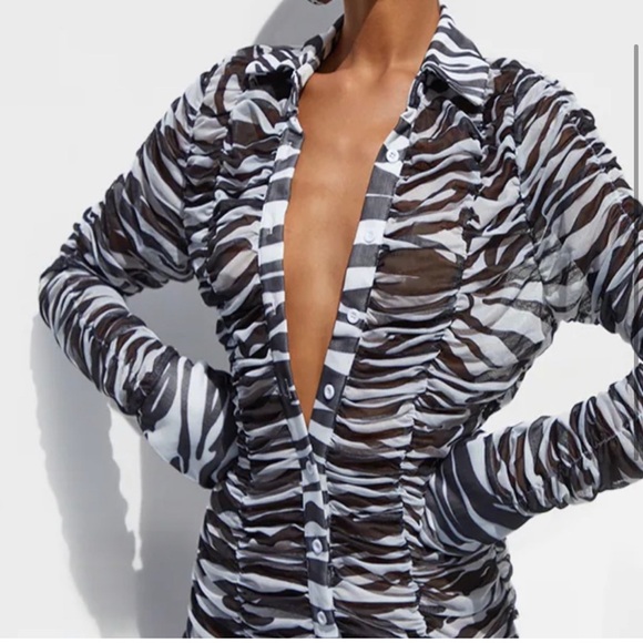 PLT zebra print ruched mesh button up dress - Picture 2 of 9